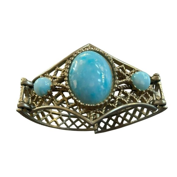 Unique Vintage Gold-Tone Filigree Cuff Bracelet With Turquoise Blue Cabochon Sto - Picture 4 of 7